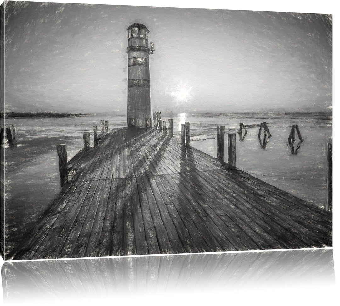 Pixxprint Leuchtturm am Steg als Leinwandbild/Grösse: 100x70 cm/Wandbild/Kunstdruck/fertig bespannt,