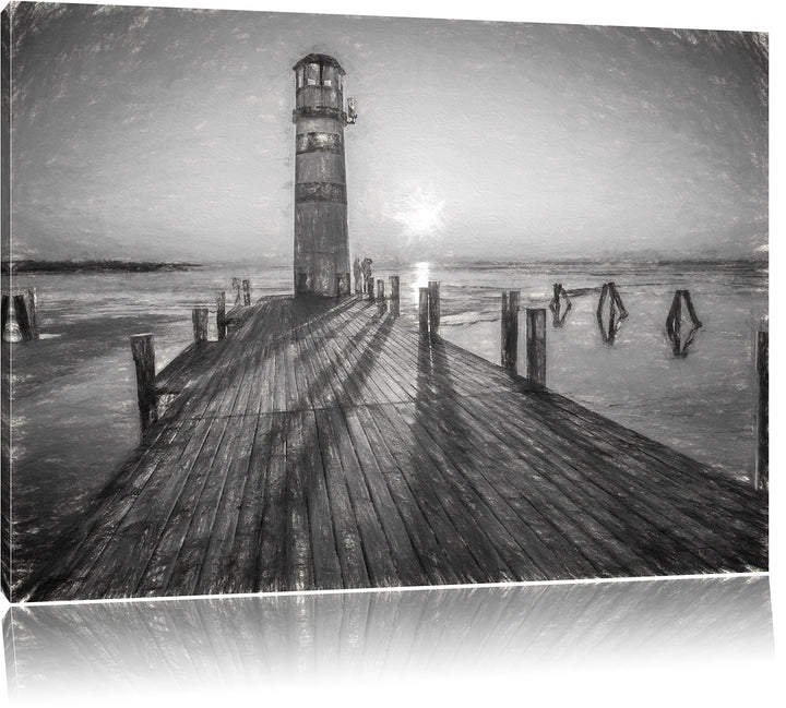 Pixxprint Leuchtturm am Steg als Leinwandbild/Grösse: 100x70 cm/Wandbild/Kunstdruck/fertig bespannt,
