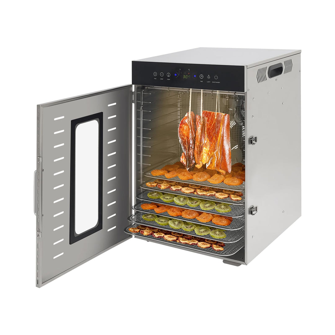 Dörrautomat Edelstahl Dehydrator Dörrautomaten - Flach Liegend &amp; Hängend | mit 16 Tabletts, 40 Haken
