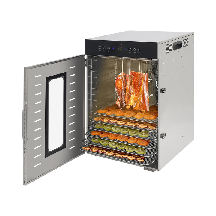 Dörrautomat Edelstahl Dehydrator Dörrautomaten - Flach Liegend &amp; Hängend | mit 16 Tabletts, 40 Haken