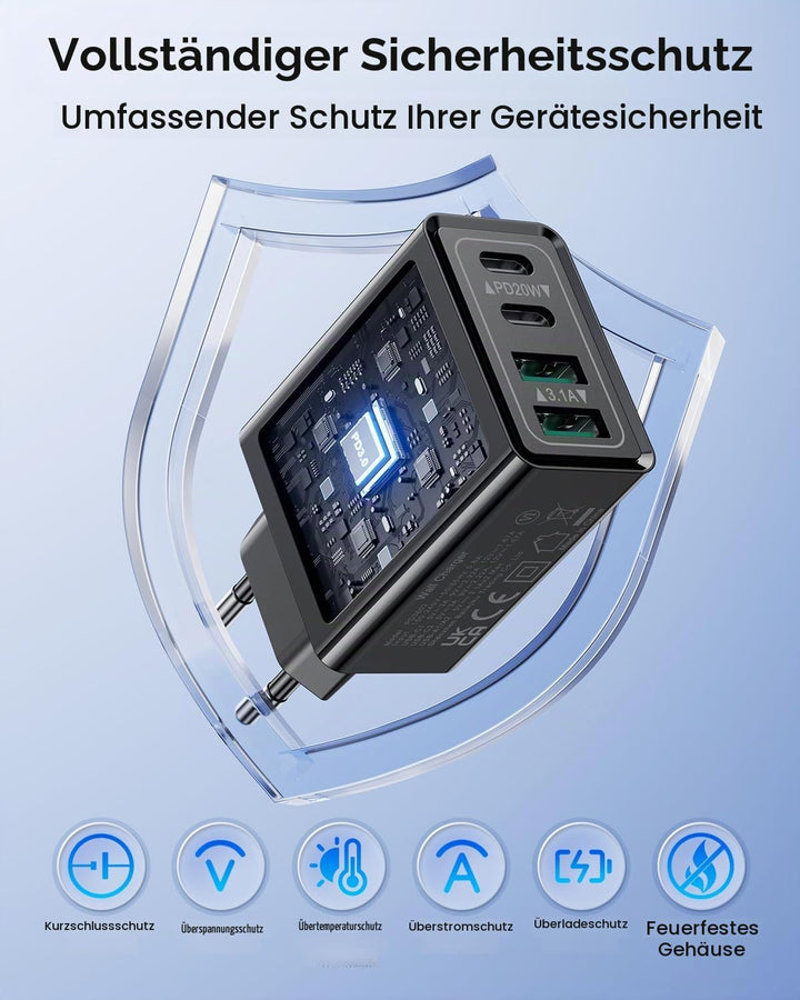2-Pack USB C Ladegerät, 40W 4-Port Netzteil USBC Fast Charger USB-C Adapter + USB Stecker Schnelllad