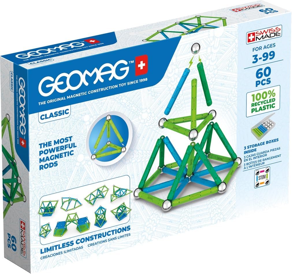 Geomag Classic - 60 Pieces- Magnetic Construction for Children - Green Collection - 100 Percent Recy