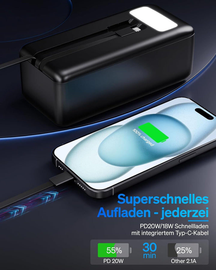 50000mAh Power Bank mit integriertem Kabel: 22,5W schnell aufladende Externe Batterie mit grosser Ka