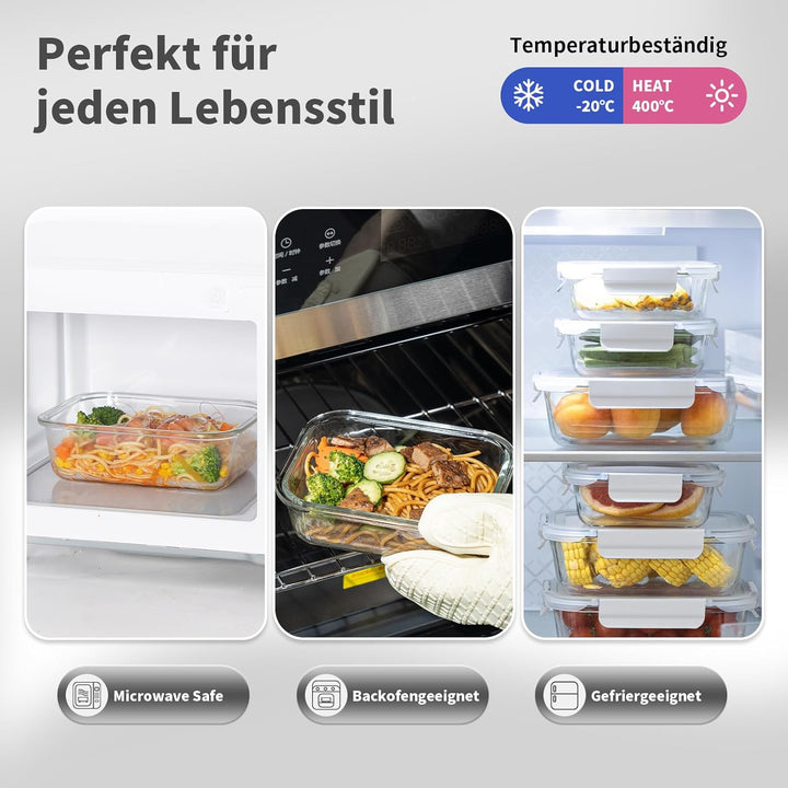 Fenger Meal Prep Boxen Glas, Glasdosen mit Deckel Set, Frischhaltedosen Glas mit Auslaufsicherer Ver