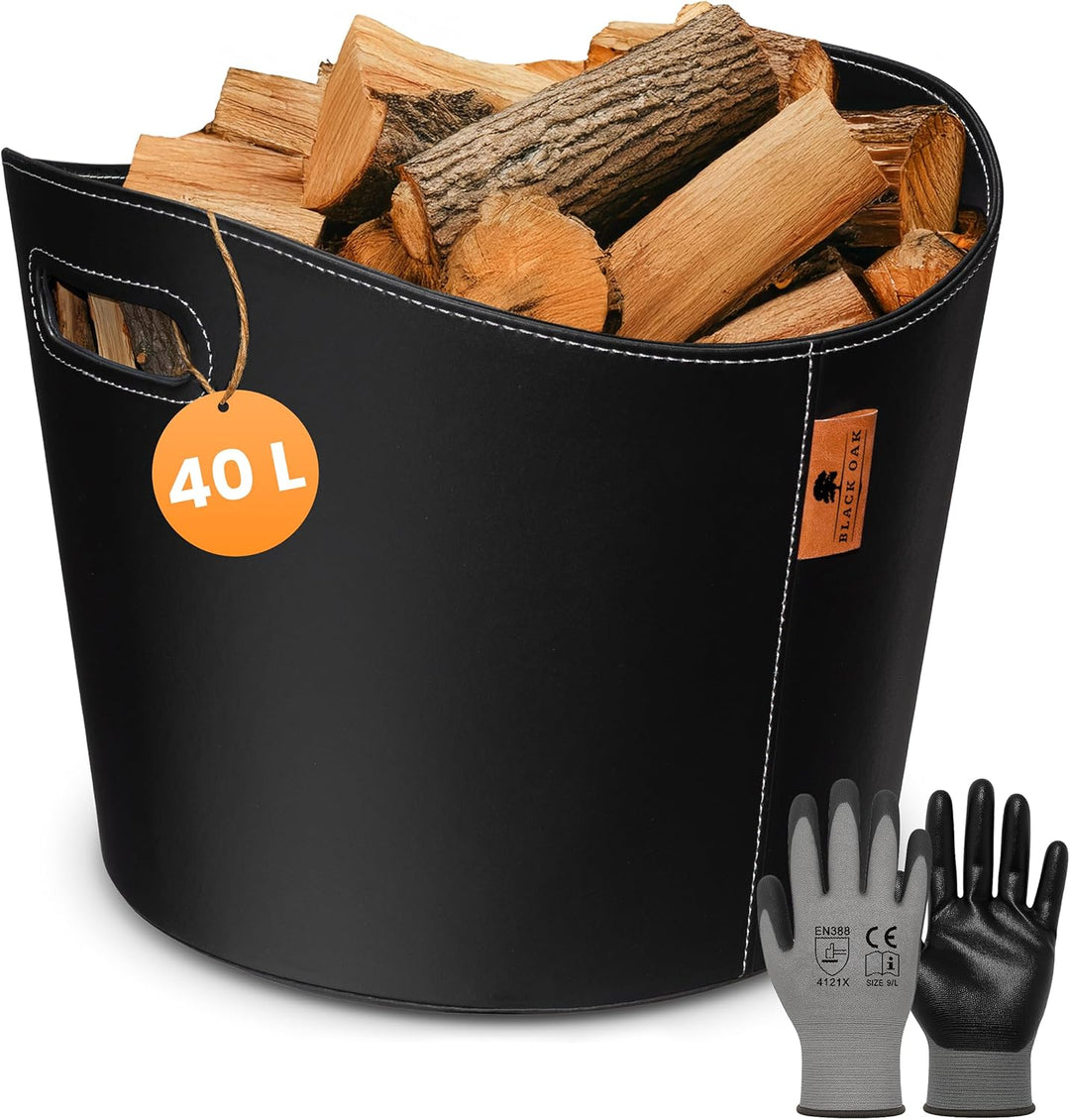 BLACK OAK DAKOTA L 40L Holzkorb für Kaminholz - Kunstleder schwarz 30kg Traglast - 40 Liter 40x38x32