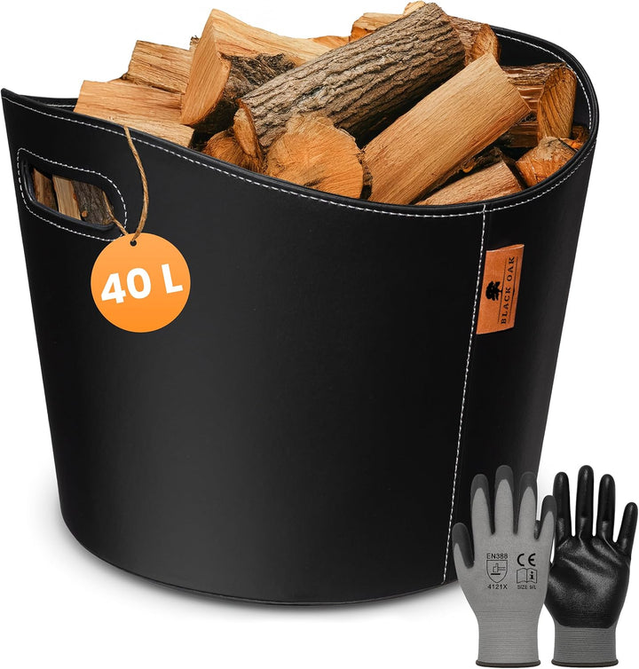 BLACK OAK DAKOTA L 40L Holzkorb für Kaminholz - Kunstleder schwarz 30kg Traglast - 40 Liter 40x38x32
