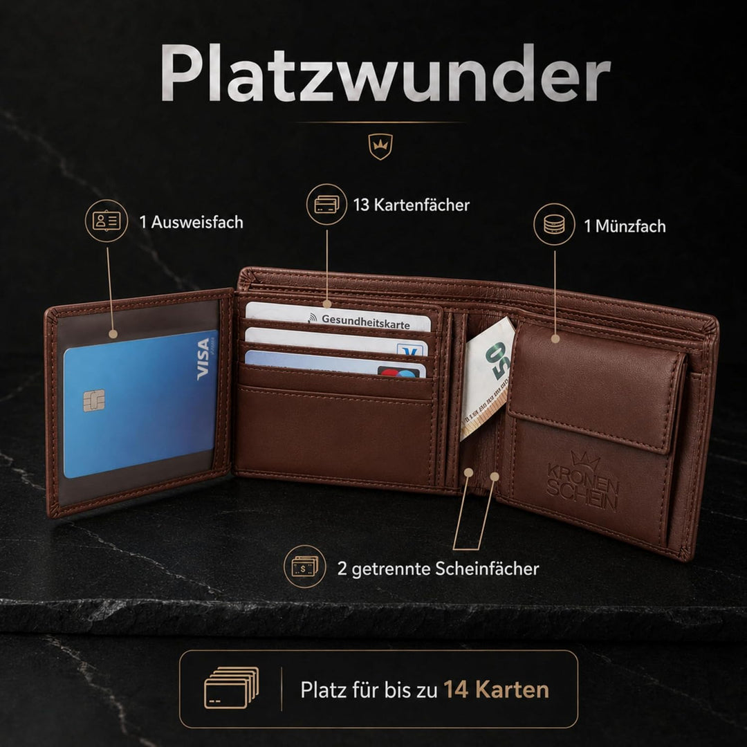 Kronenschein® Geldbörse Herren Leder mit RFID Schutz I Echtleder Portemonnaie gross I Geldbeutel für