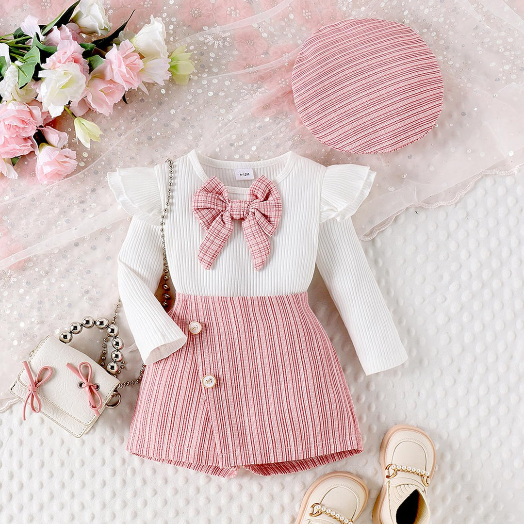 Kleinkind Baby Mädchen Outfits Rüschenärmel Gestrickt Bowknot Shirt + Elegant Mini Rock+ Baskenmütze