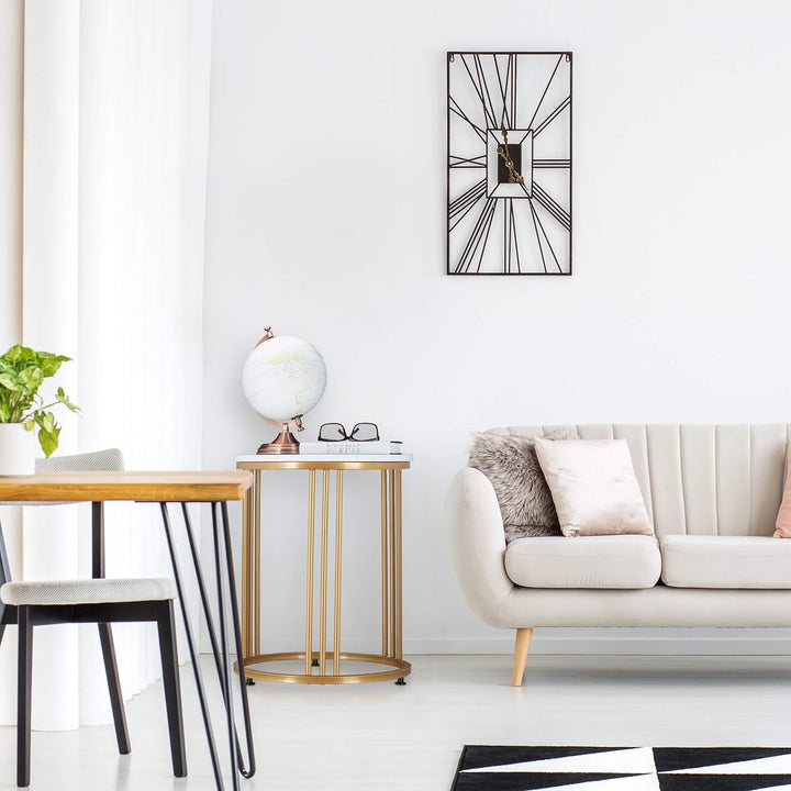 Relaxdays Beistelltisch MARMO, runder Sofatisch, Metall & MDF, weiss/Gold | für Wohnzimmer, Marmorop