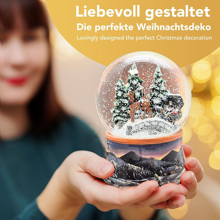 Weihnachts-Schneekugel mit Musik | Schneekugel Kutschfahrt über Brücke mit Familie | Sockel Winterla