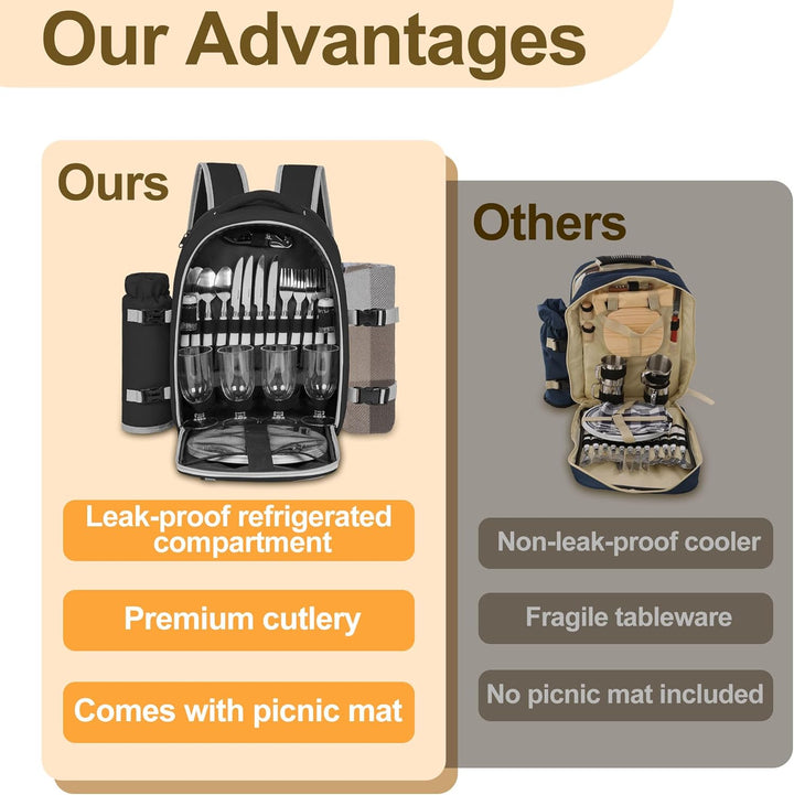 FREEAMG Picknick-Rucksack für 4 Personen, mit Kühlfach, isoliert und wasserdicht, Picknicktasche mit