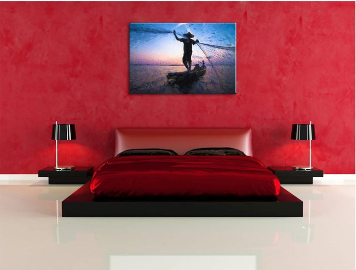 Pixxprint Fischer wirft Sein Netz aus / 100x70cm Leinwandbild bespannt auf Holzrahmen/Wandbild Kunst