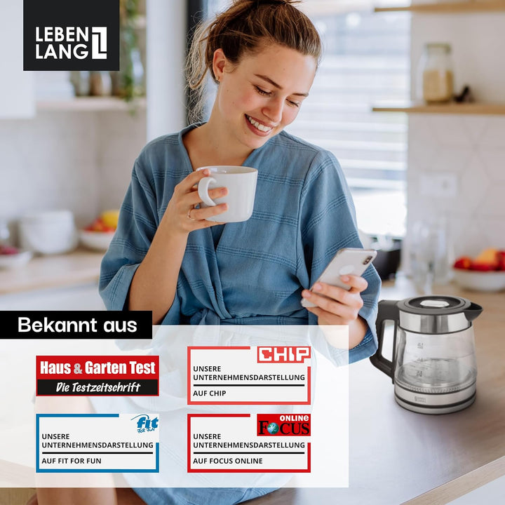 LEBENLANG Glas Wasserkocher klein - 1,2 Liter mit LED Beleuchtung I Edelstahl Design BPA-Frei Wasser