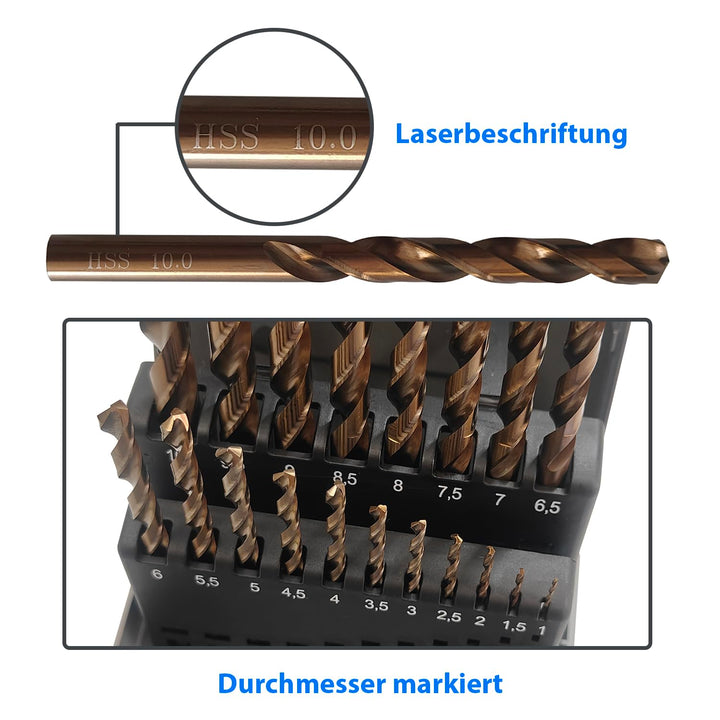 Präzisionsbohrer Spiralbohrer-Set | 19 Stück | HSS-E M35 Cobalt Metallbohrer Set | 1–10mm 0,5mm Schr