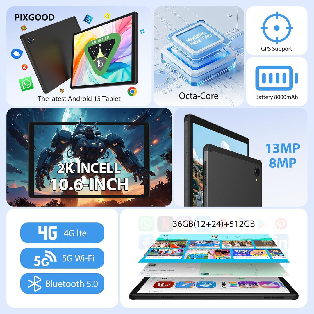 2K 10.6 Zoll Android 15 Tablet, 4G LTE+5G WiFi, 36GB RAM+512GB ROM (2TB TF), Octa-Core, 2000 * 1200F