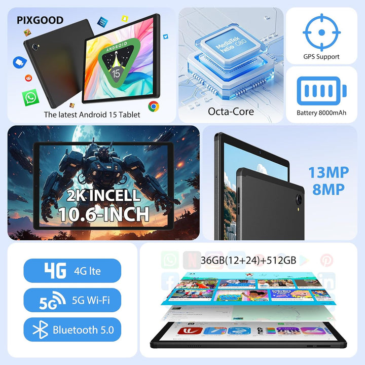 2K 10.6 Zoll Android 15 Tablet, 4G LTE+5G WiFi, 36GB RAM+512GB ROM (2TB TF), Octa-Core, 2000 * 1200F