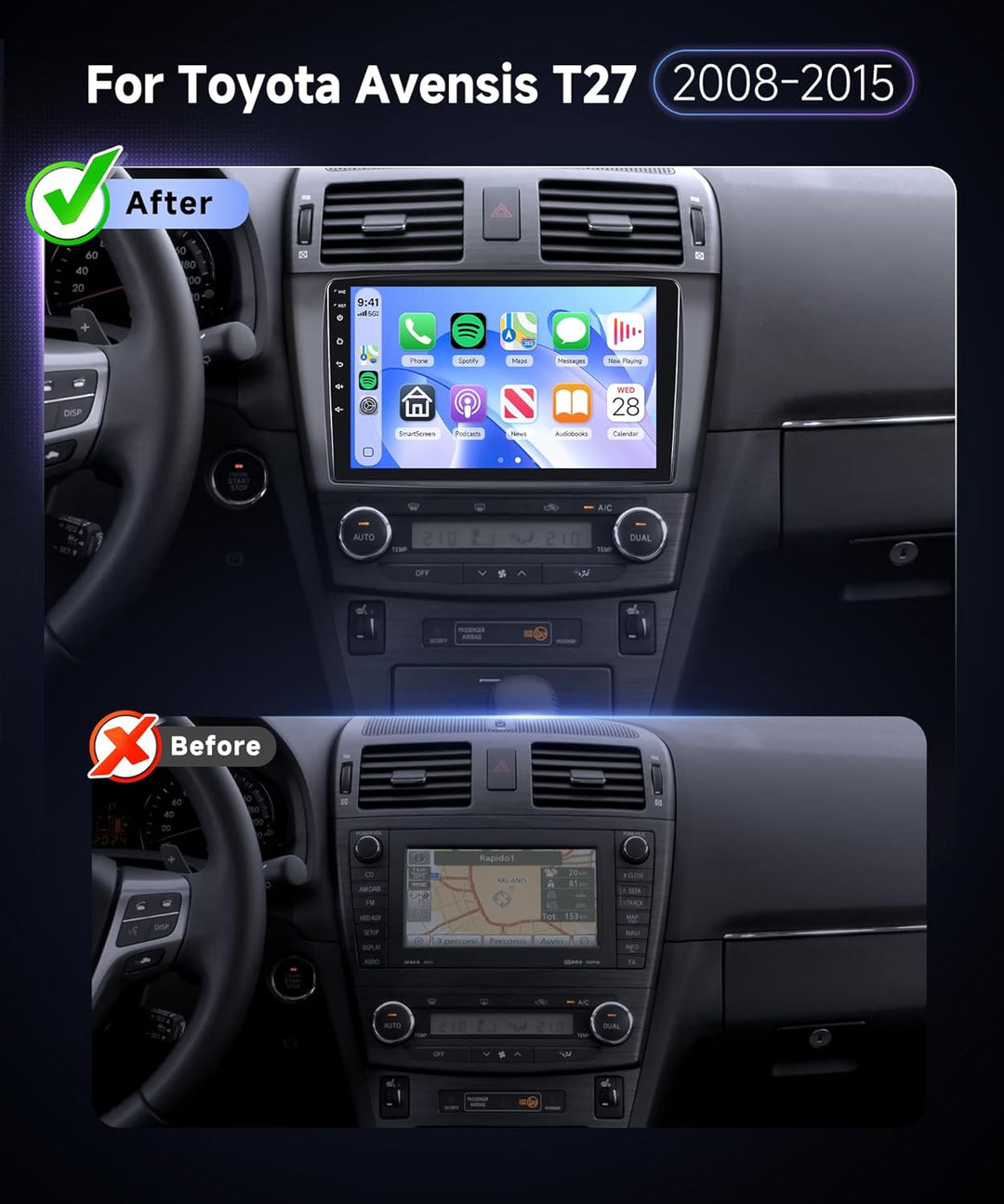 Hodozzy Autoradio für Toyota Avensis T27 2008-2015 mit Wireless Carplay Android Auto,9 Zoll Bildschi