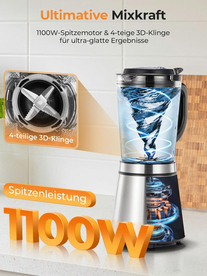 FOHERE Standmixer, 1100W Spitze, 1.5-Liter-Behälter, 5 Geschwindigkeitsstufe + Impulsfunktion, Mixer