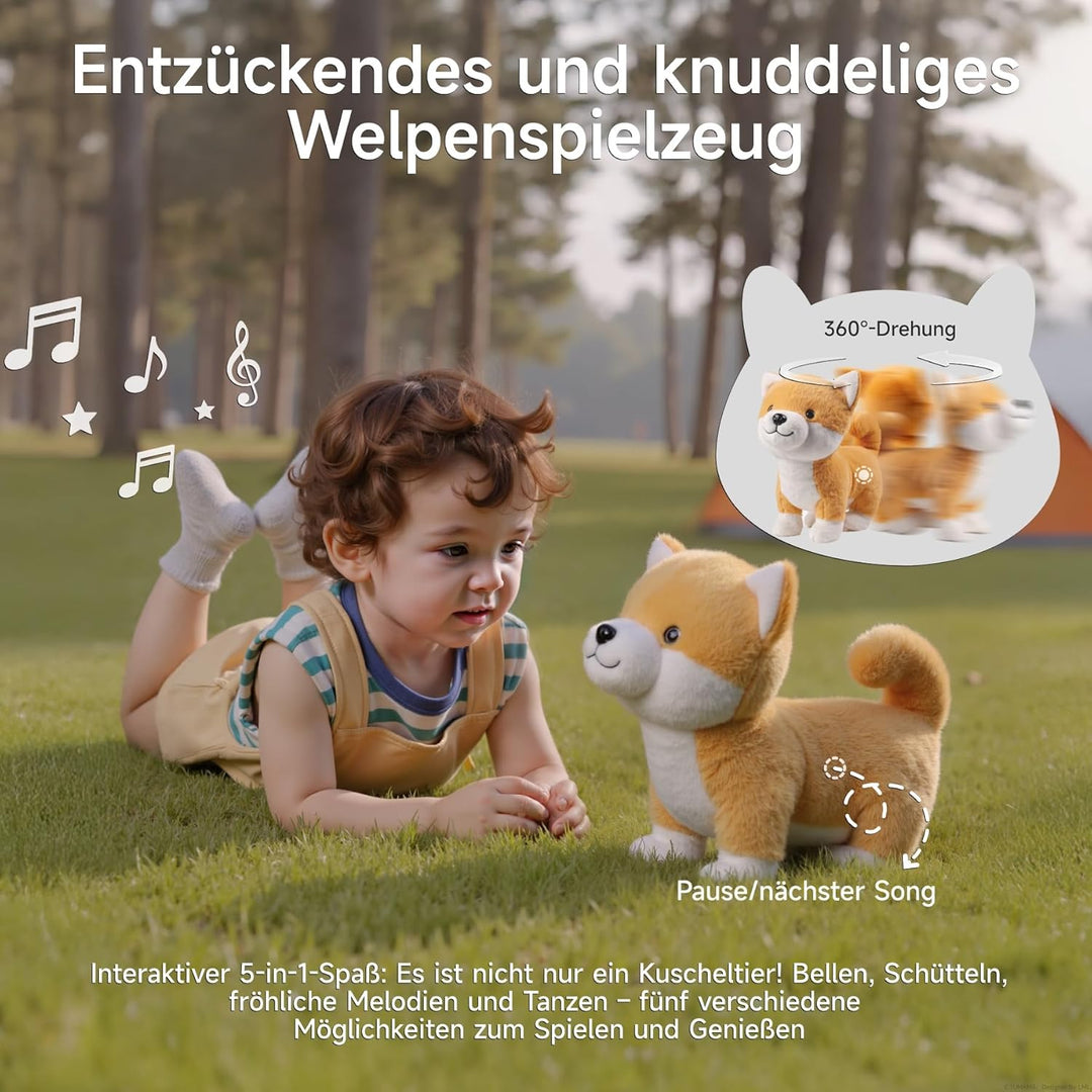 Interaktiver Plüschwelpe, Realistischer Bellender Hund Spielzeug Kinder, Plüschhund mit Musik und Be