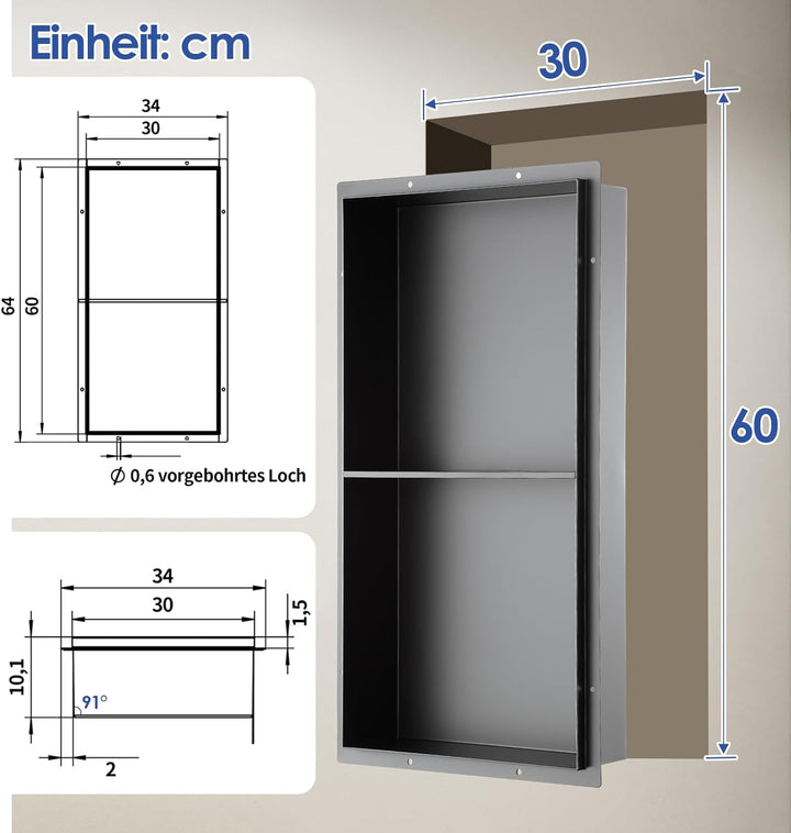 Wandnische Dusche, 600 x 300 x 101 mm OUGOO Edelstahl Duschnische Randlos Lagerung Doppelnische für