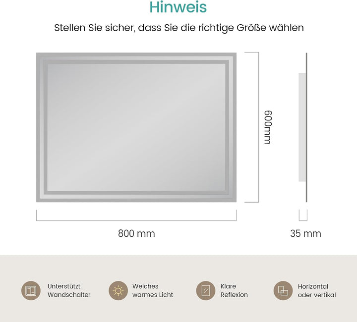EMKE Badspiegel mit Beleuchtung 80x60cm, Badezimmerspiegel mit Warmweiss Licht 3000K, Wandschalter,