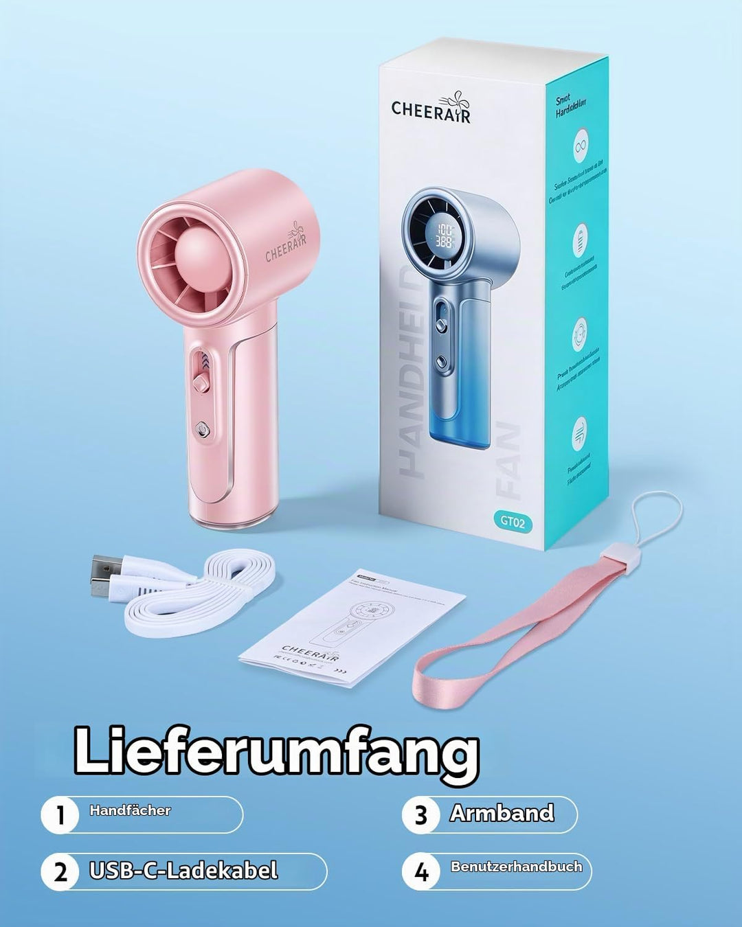 Handventilator Tragbar, Leistungsstarker Mini Ventilator, 5000mAh Akku bis zu 18 Std. Laufzeit, Tasc