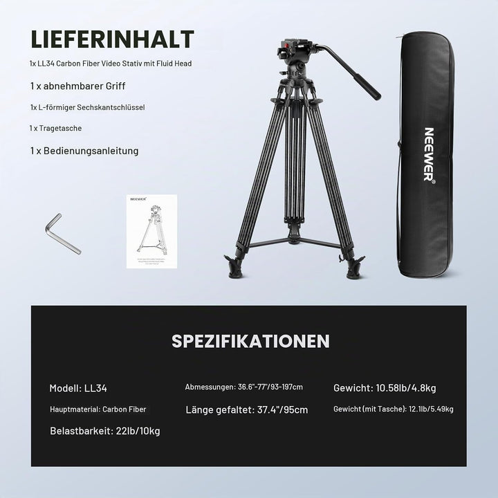 NEEWER LL34 78" Kamera Videostativ One Step Schnellspanner mit Dämpfungsflüssigkeitskopf robustes Ko