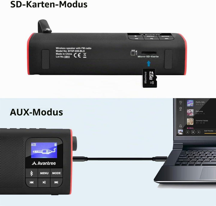 Avantree 3 in 1 Portable Tragbares FM Radio, Klein Mini Radio mit Bluetooth Lautsprecher, SD Card MP