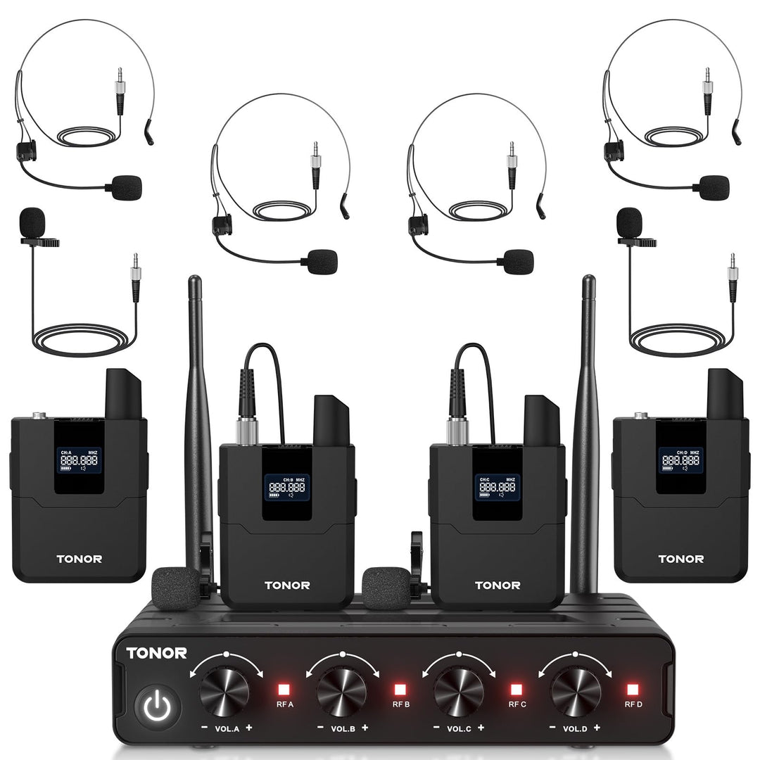 TONOR UHF Mikrofon Kabellos Set mit 4 Bodypack Transmitter/Headset/Lavalier Wireless Microphone, 4x5