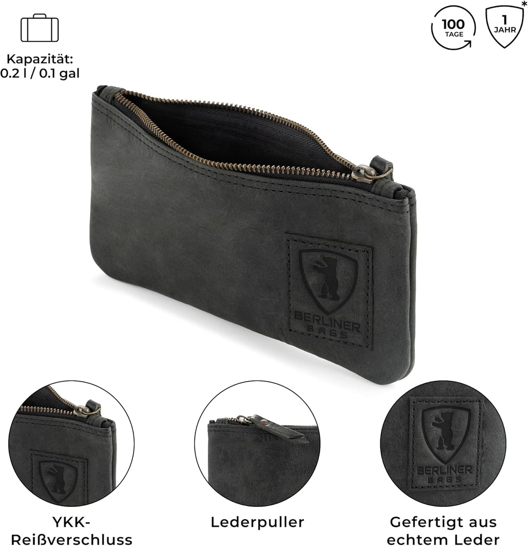Berliner Bags Vintage Federmäppchen Etui aus Leder mit YKK-Reissverschluss, Robuste Federmappe für S