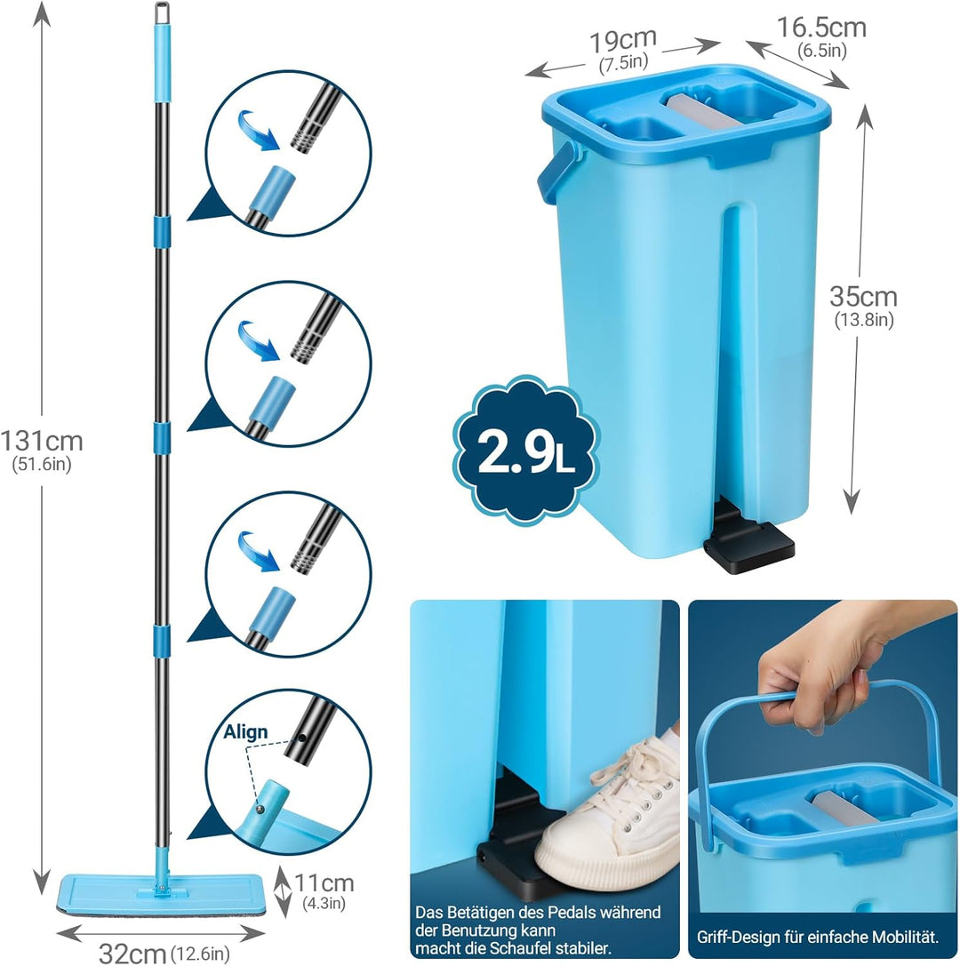 MASTERTOP Wischmopp Set mit Eimer, 2 in 1 Bodenwischer Flachmopp mit Edelstahlgriff und 6 Mikrofaser