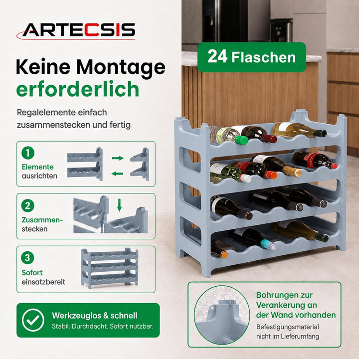 ARTECSIS® Weinregal stapelbar & modular erweiterbar Kunststoff für 24 Weinflaschen (betongrau) - Sta