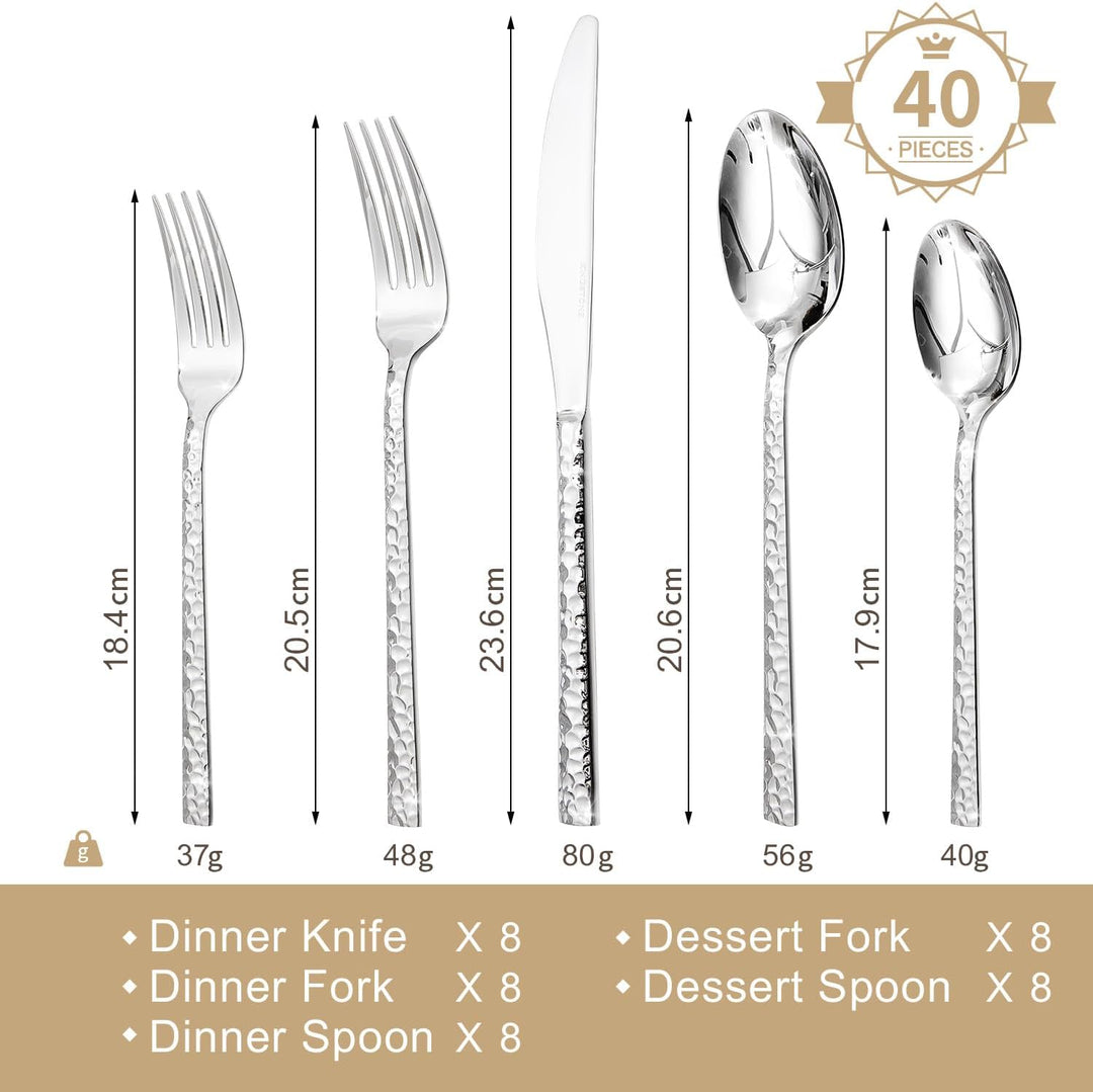 HIKAA Besteck Set 8 Personen aus Gehämmert, 40-Teilig Essbesteck 18/10, Edelstahl Besteckset für Zuh
