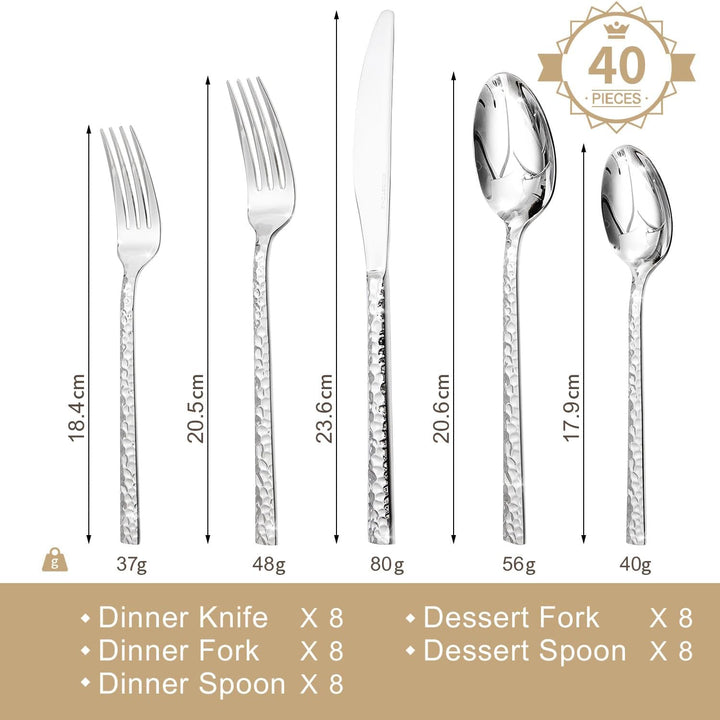 HIKAA Besteck Set 8 Personen aus Gehämmert, 40-Teilig Essbesteck 18/10, Edelstahl Besteckset für Zuh