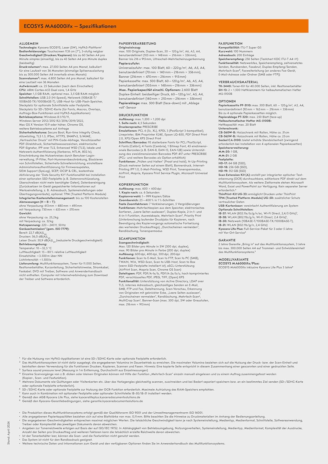 Kyocera Ecosys MA6000ifx Multifunktionsdrucker Schwarz Weiss, 60 Seiten pro Minute. Drucker Scanner