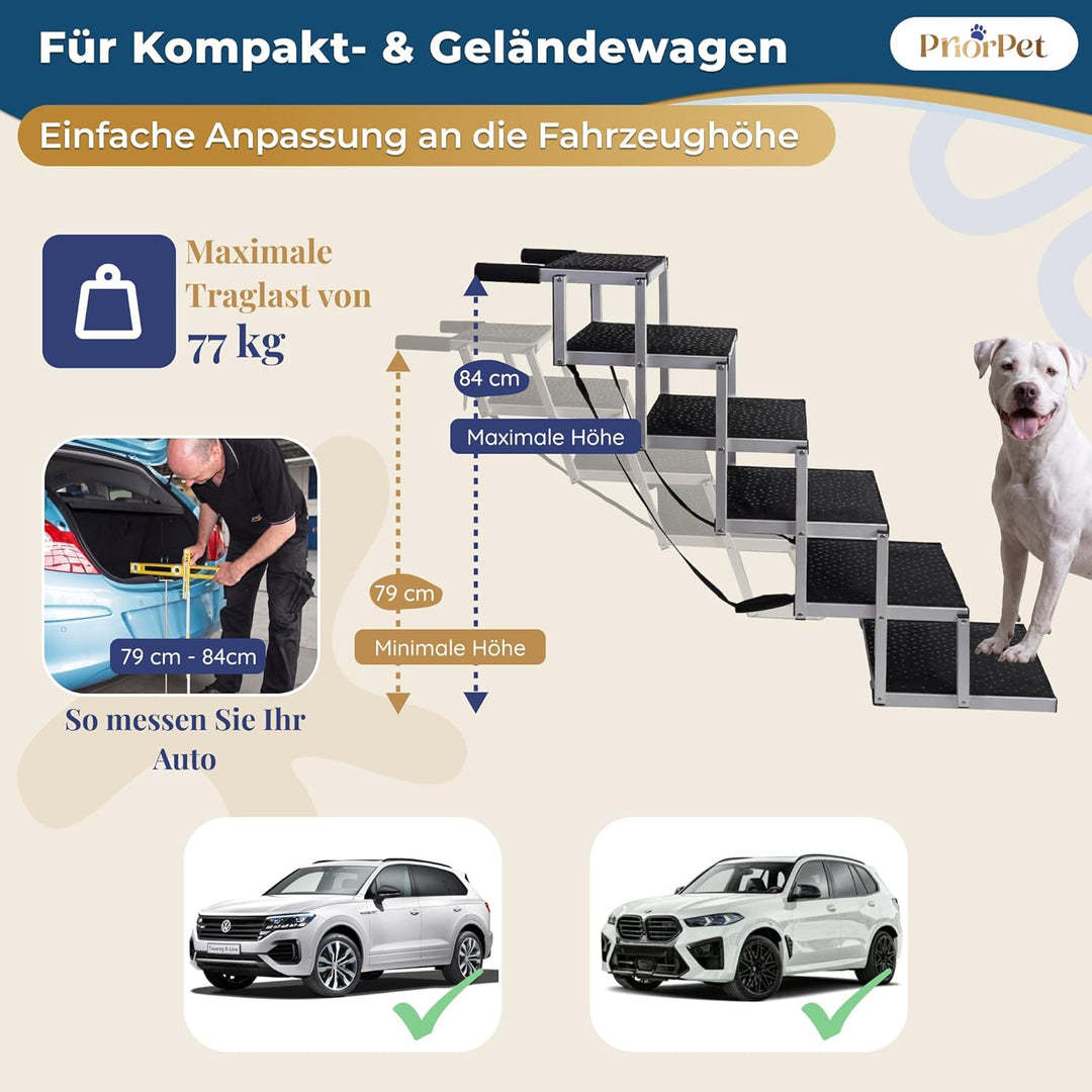 Hundetreppe Auto Klappbar – 4, 5 oder 6 Stufen für niedrige bis hohe Kofferraumhöhen (63–81 cm) – Fü