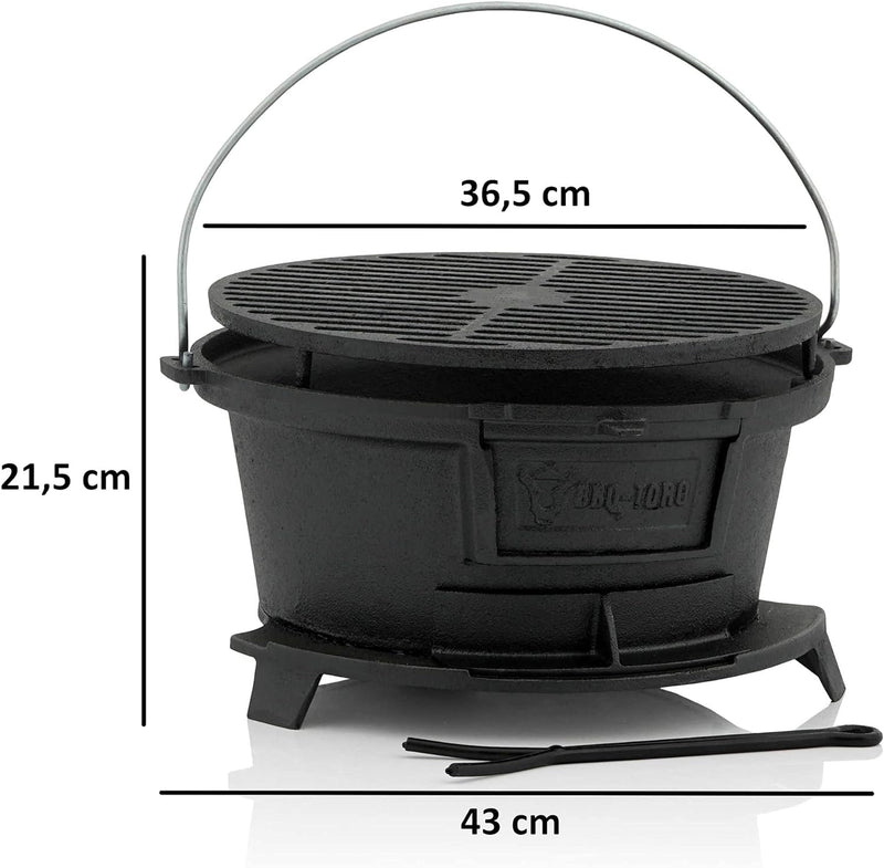 BBQ-Toro Gusseisen Grilltopf mit Grillrost | (B) 43 x (T) 42 x (H) 21,5 cm | Hibachi Style Grill mit