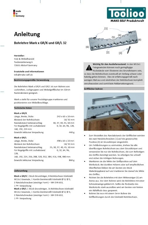 Bohrlehre für Lochreihen, Bohrgruppen und Griffbohrungen im 32mm Abstandsmass Bohrdurchmesser 5mm (0