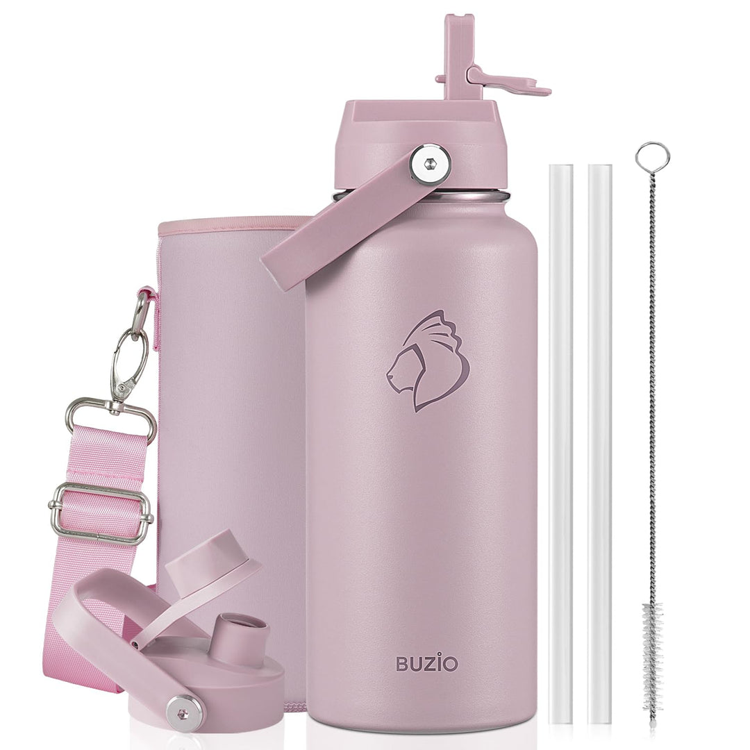 BUZIO 1L Isolierte Wasserflasche, Dreiwandige Vakuum-Edelstahl-Wasserflasche mit Strohdeckel, Auslau