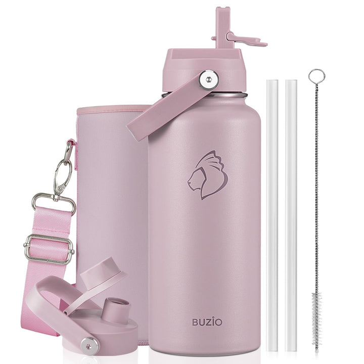 BUZIO 1L Isolierte Wasserflasche, Dreiwandige Vakuum-Edelstahl-Wasserflasche mit Strohdeckel, Auslau