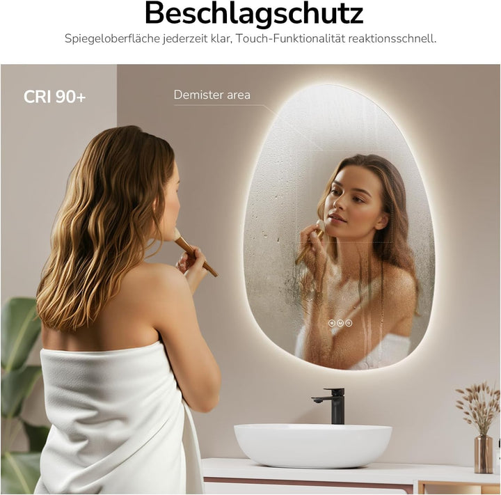 EMKE Spiegel mit Beleuchtung Asymmetrischer LED Badspiegel 75 x 55 cm Touch-Schalter, 3 Lichtfarben