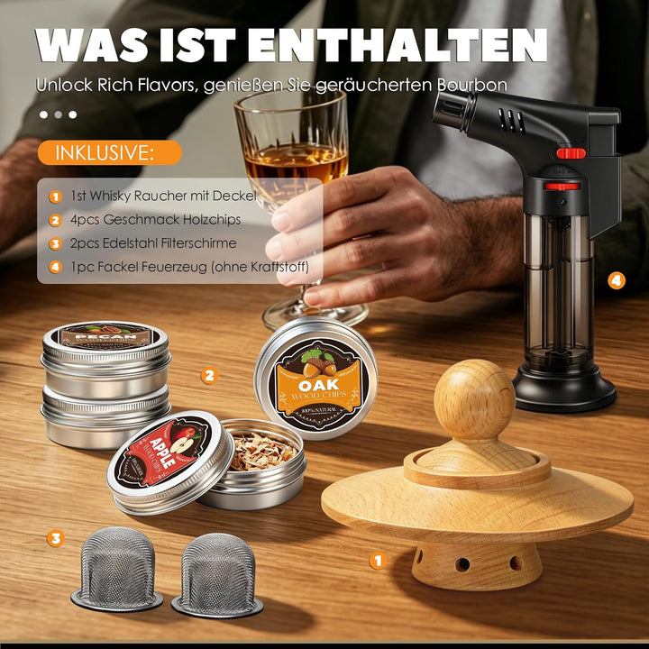 Whisky Räucher Set komplett mit Brenner und Holz-4 Geschmacksrichtungen, Cocktail Räucher Set mit Fl