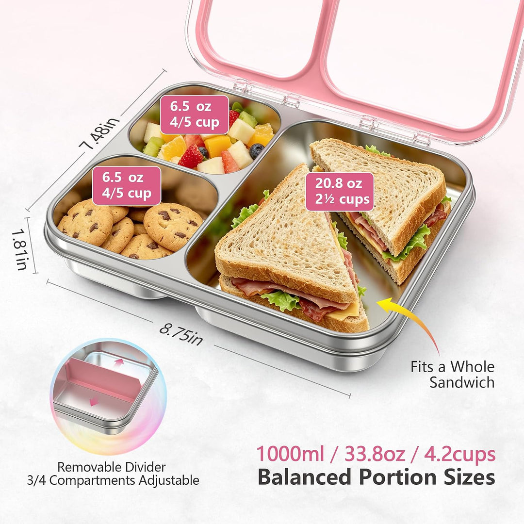VITONIS Edelstahl Brotdose Lunchbox mit 3 Fächern, Bento Lunch Box Kinder Auslaufsicher BPA frei, Sp