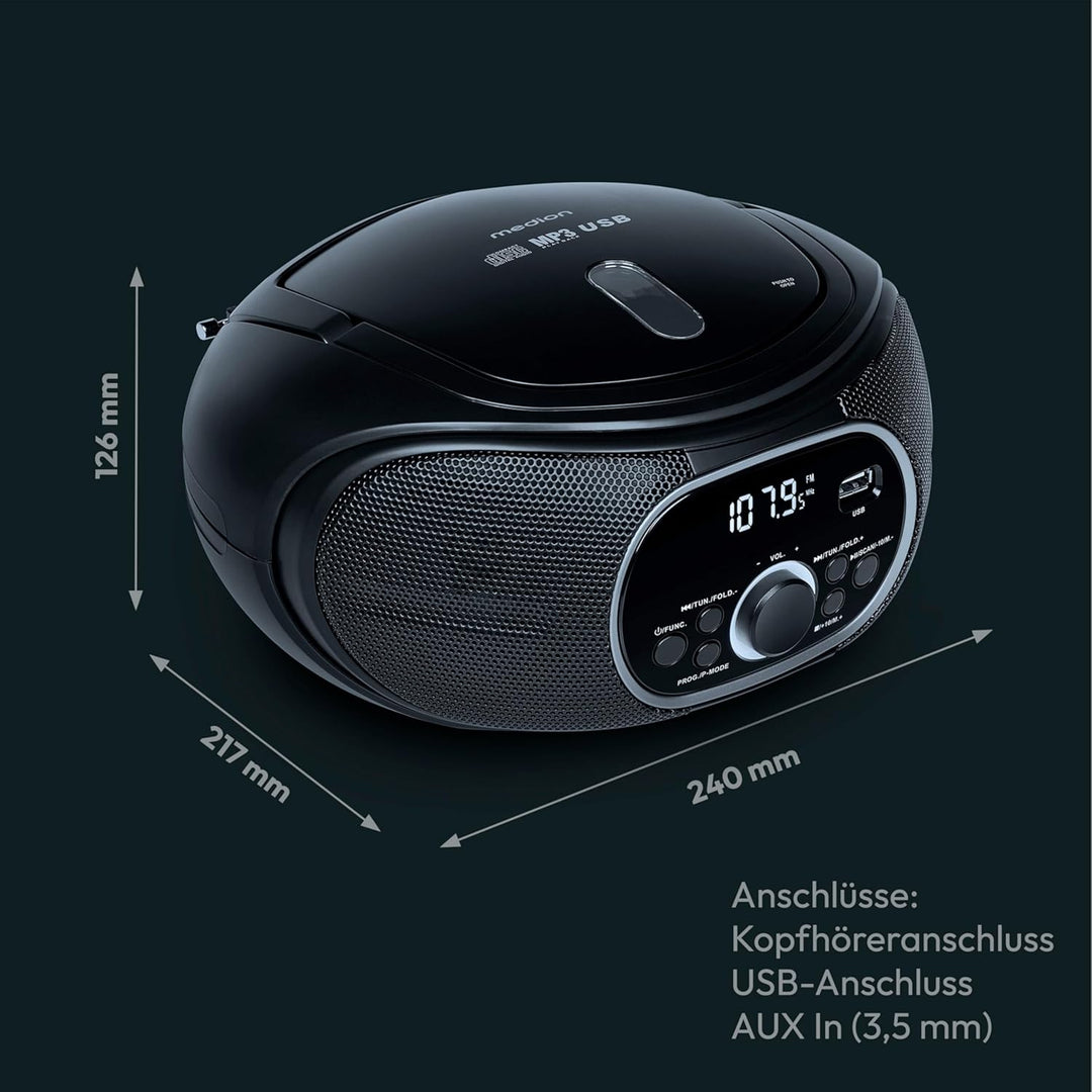 MEDION tragbare Boombox E65711, CD/MP3 Player, UKW FM, AUX, Batteriebetrieb, schwarz