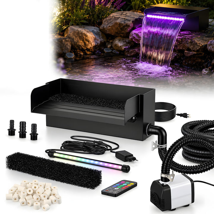 30 cm Wasserfall teich Set, mit 45w 2000L/H Wasserfallpumpe &amp; Filterkäfig, Edelstahl-Wasserfall mit