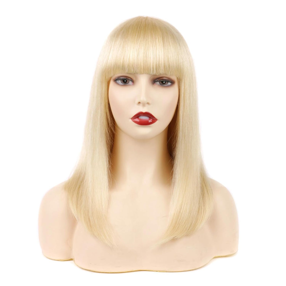 Huarisi 14 inches Blonde Straight Wigs with Bangs, 613 Human Hair Wigs Bob None Lace, 10a Bob Wigs f