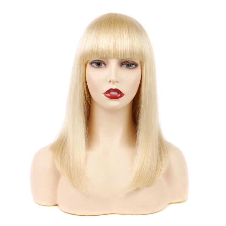 Huarisi 14 inches Blonde Straight Wigs with Bangs, 613 Human Hair Wigs Bob None Lace, 10a Bob Wigs f