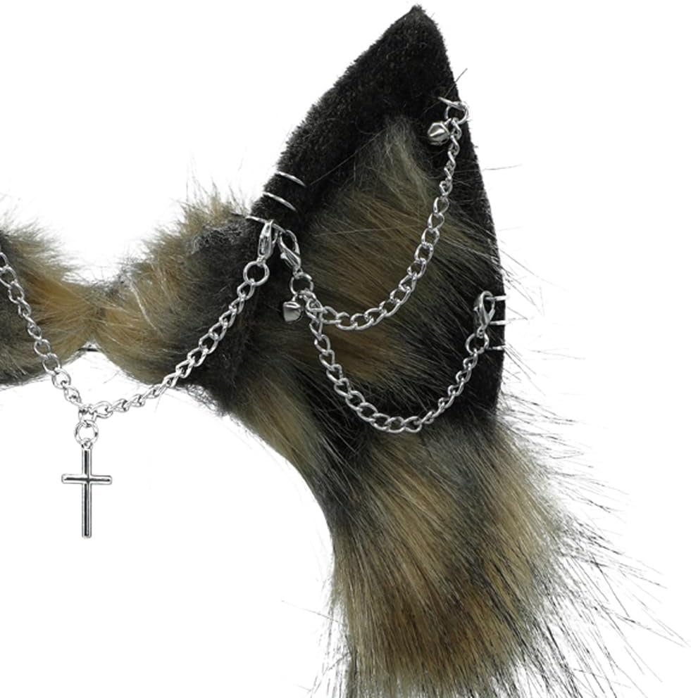 VIGVAN Handgemachte Wolf Fuchs Ohren Cosplay Kopf Zubehör Kawaii Haarband (Kette Braun Schwarz), Ket