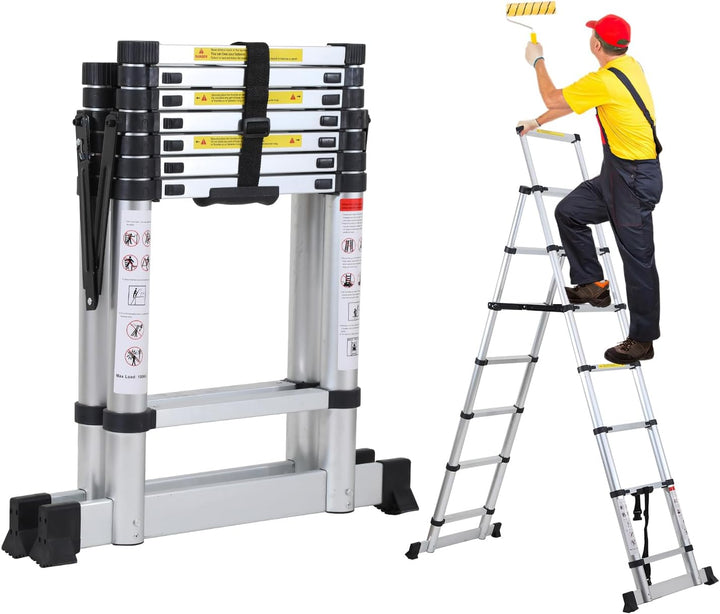 Sonnewelt 2m+2,3m Teleskopleiter Klappleiter, 6+7 Stufen A-Rahmen Mehrzweckleiter Stehleiter aus Alu