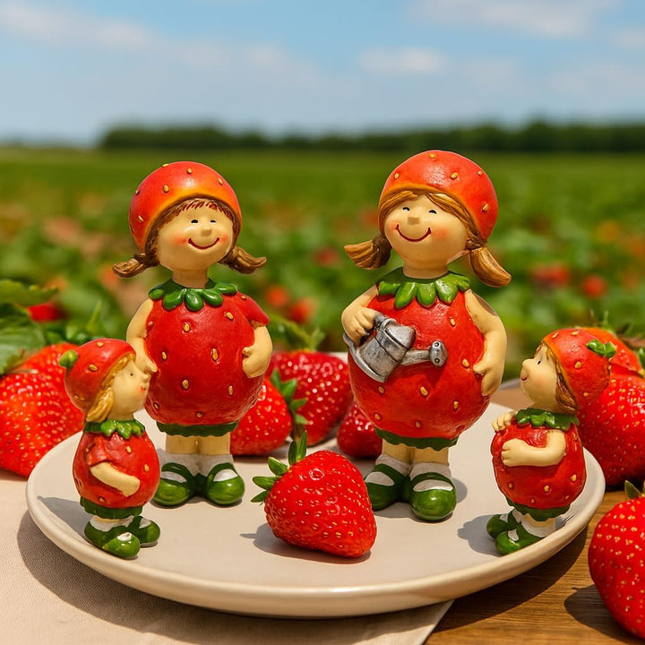 4 Stück Dekofiguren, Gartenfiguren als Erdbeere, Früchtefiguren als Erdbeere, Sommerfiguren, Erdbeer